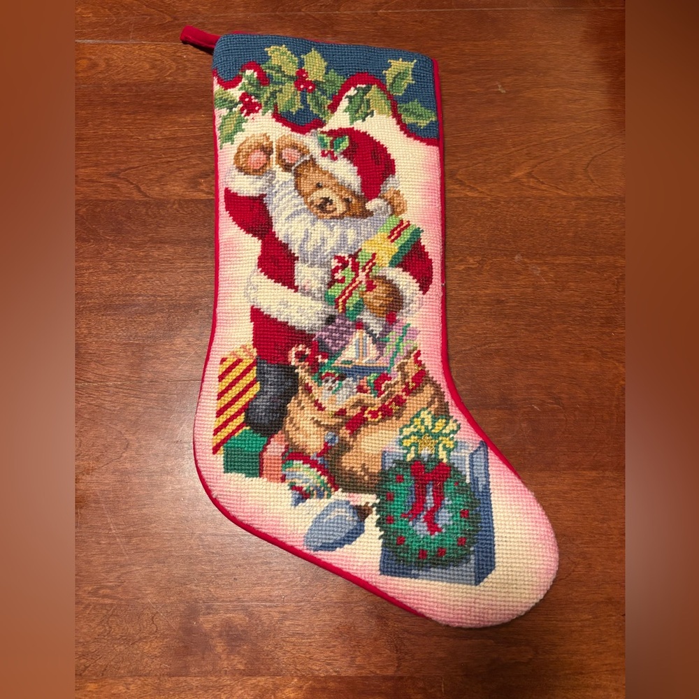 Vintage Needlepoint Festive Santa Christmas Stocking